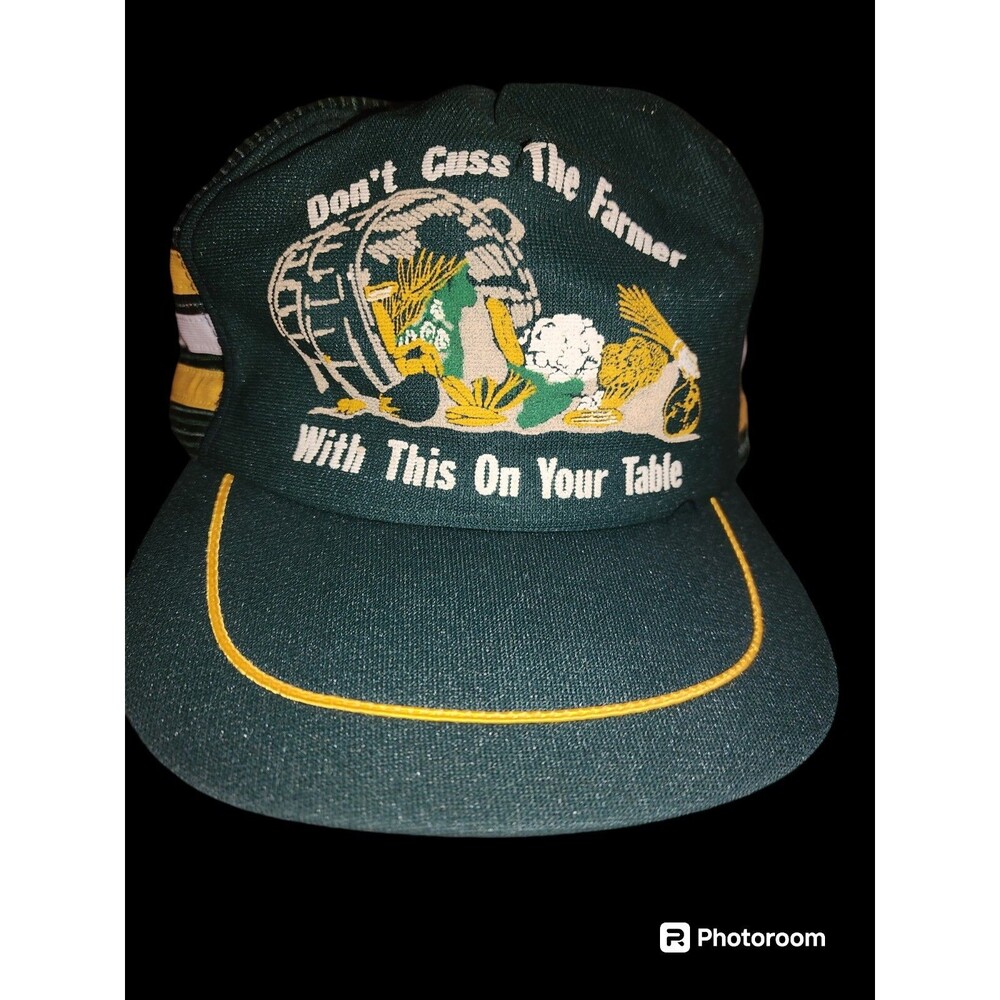 Don't Cuss The Farmer  Trucker Hat foam 3 stripe mesh snapback vtg Green Yellow
